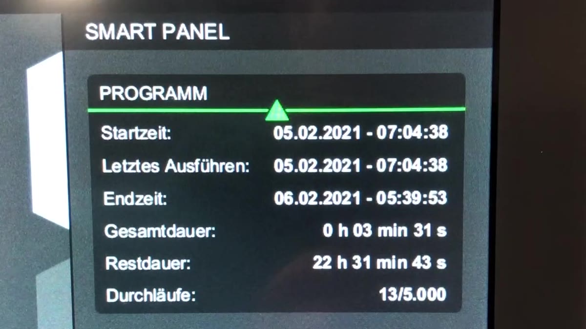Anzeige der SMARTTESTER® Software mit Startzeit, Restdauer und 5.000 geplanten Durchläufen